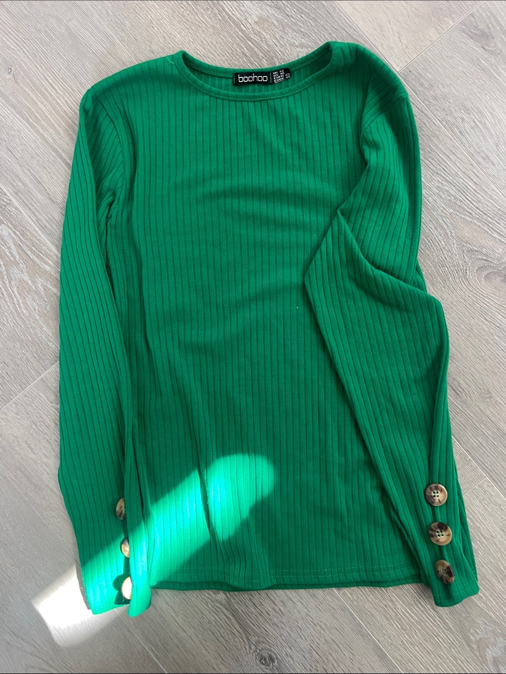 Boohoo Emerald Green Ribbed Crewneck Sweater with Button Detail